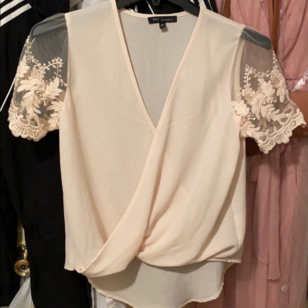Cream Blouse with Sheer Lace short sleeves